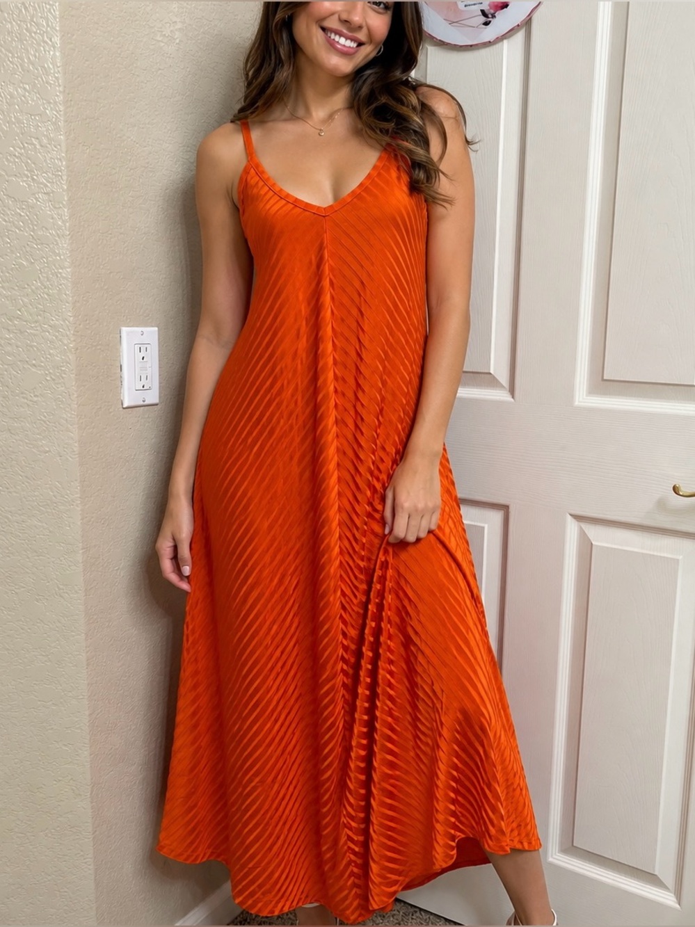 Victoria's Secret Orange Chevron Pleated Slip Maxi Dress size M